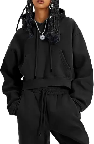 COZYPOIN Womens Fleece 2 Piece Outfits Sweatsuit Crop Top and Pants Hoodie Tracksuit Set