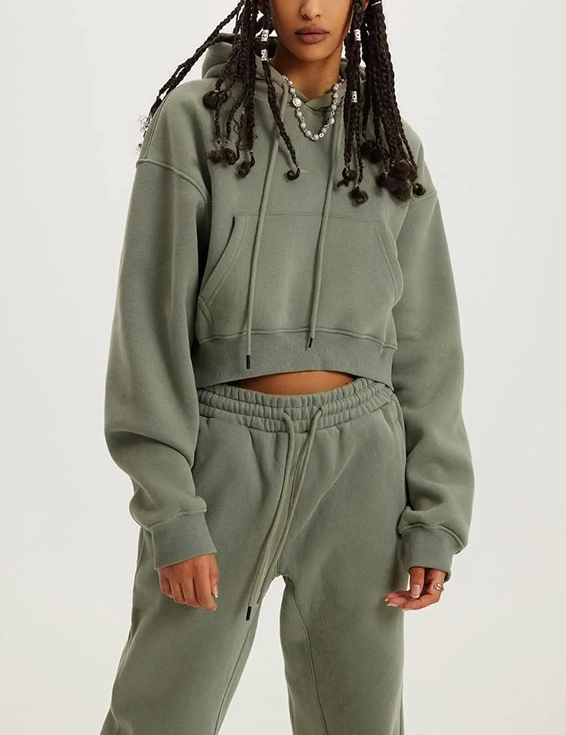 COZYPOIN Womens Fleece 2 Piece Outfits Sweatsuit Crop Top and Pants Hoodie Tracksuit Set