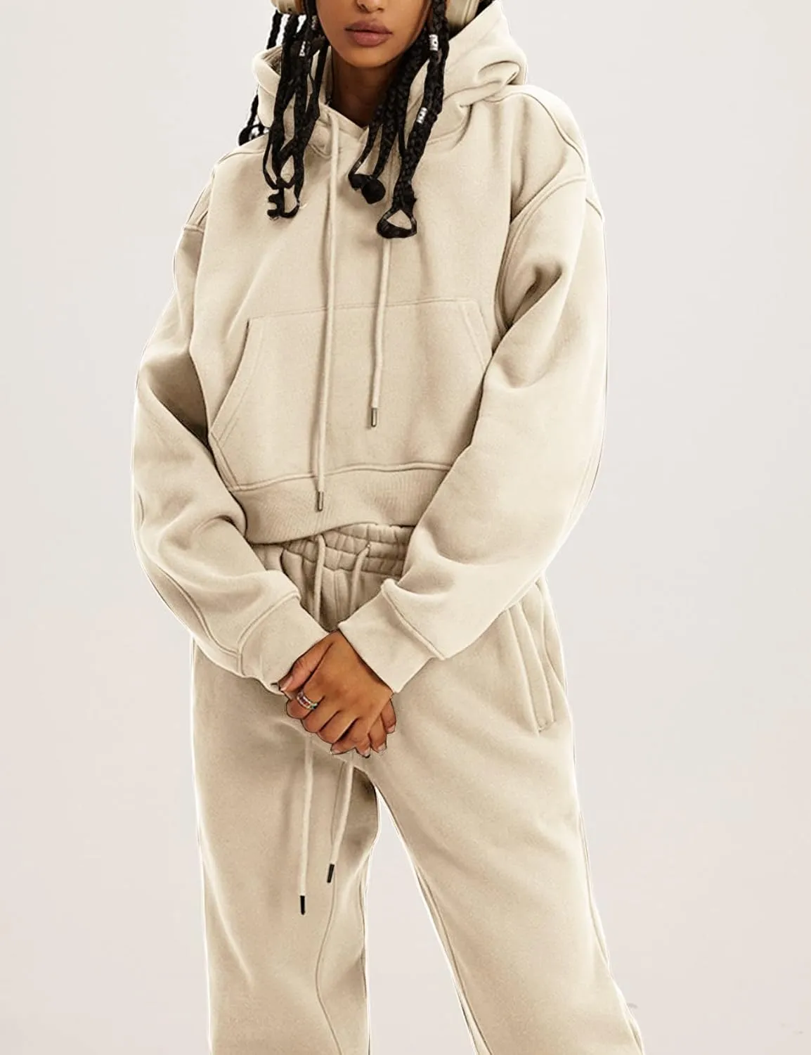 COZYPOIN Womens Fleece 2 Piece Outfits Sweatsuit Crop Top and Pants Hoodie Tracksuit Set