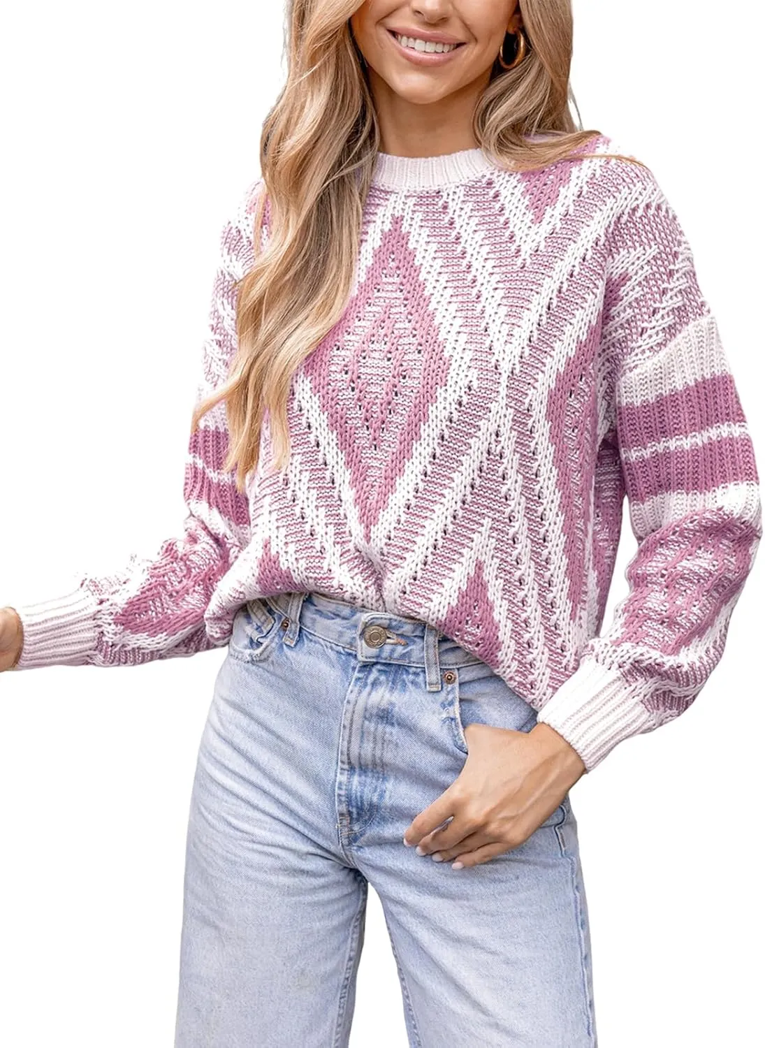 CUPSHE Women Round Neck Sweater Knit Geometric Patterned Casual Tops Long Sleeves Sweaters