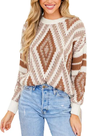 CUPSHE Women Round Neck Sweater Knit Geometric Patterned Casual Tops Long Sleeves Sweaters
