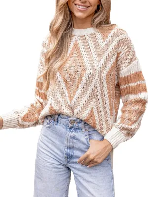 CUPSHE Women Round Neck Sweater Knit Geometric Patterned Casual Tops Long Sleeves Sweaters