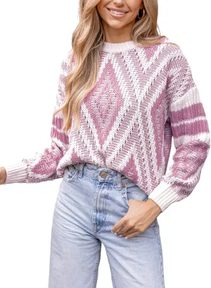 CUPSHE Women Round Neck Sweater Knit Geometric Patterned Casual Tops Long Sleeves Sweaters