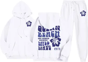 Cute 2 Piece Outfits Women, Teen Girls Preppy Puff Pullover Hoodies Pocket Drawstring Oversized Sweatpant Outfit Sets