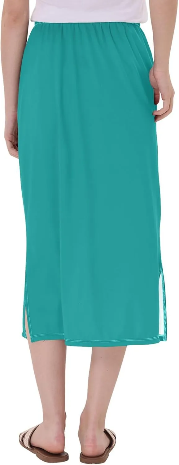 Dark Cyan Slit Skirt Midi Long Women Straight Pencil Skirts Elastic Waist Beach Skirt