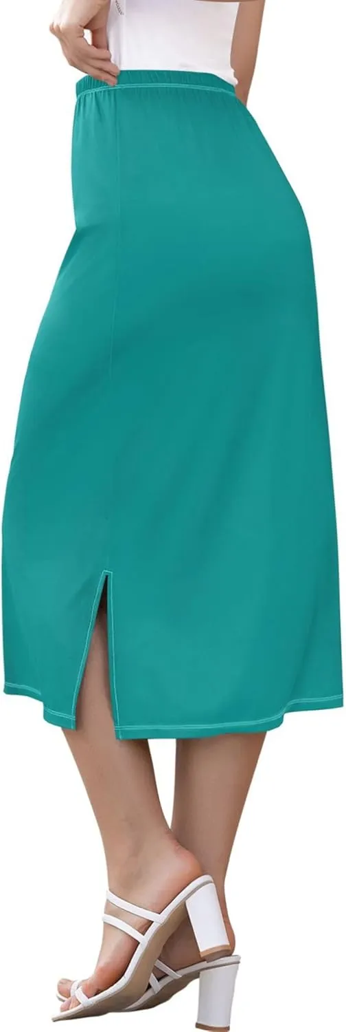 Dark Cyan Slit Skirt Midi Long Women Straight Pencil Skirts Elastic Waist Beach Skirt