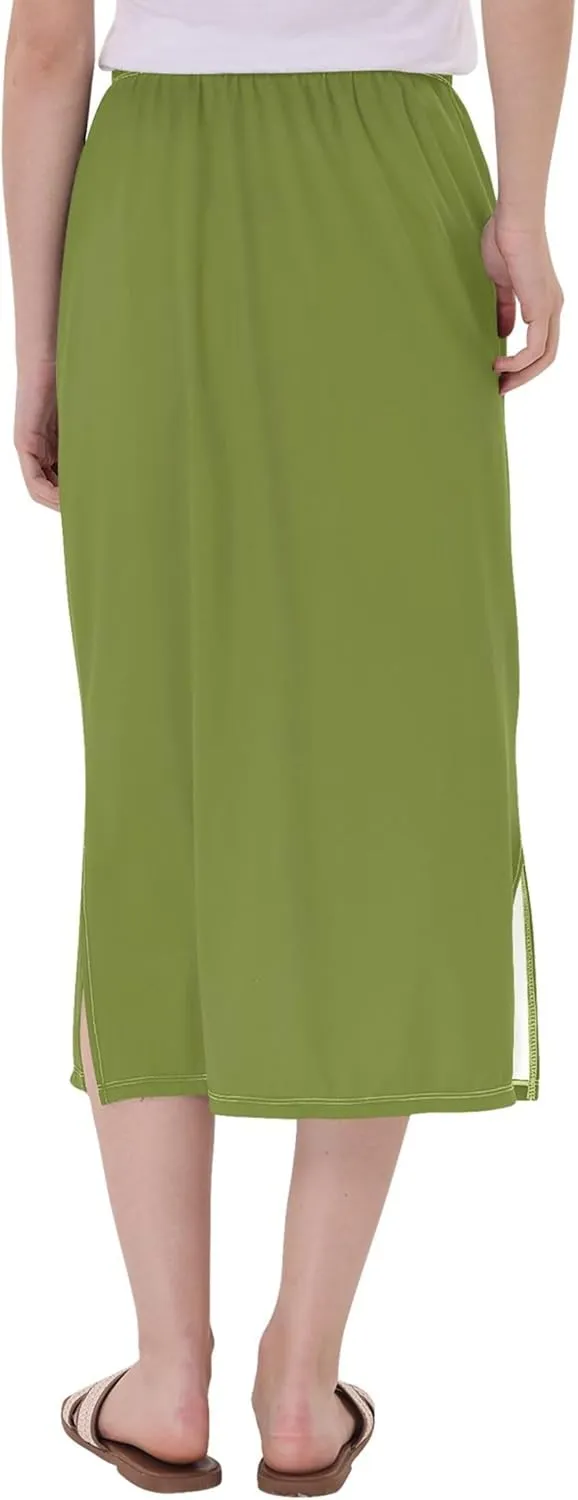 Dark Cyan Slit Skirt Midi Long Women Straight Pencil Skirts Elastic Waist Beach Skirt