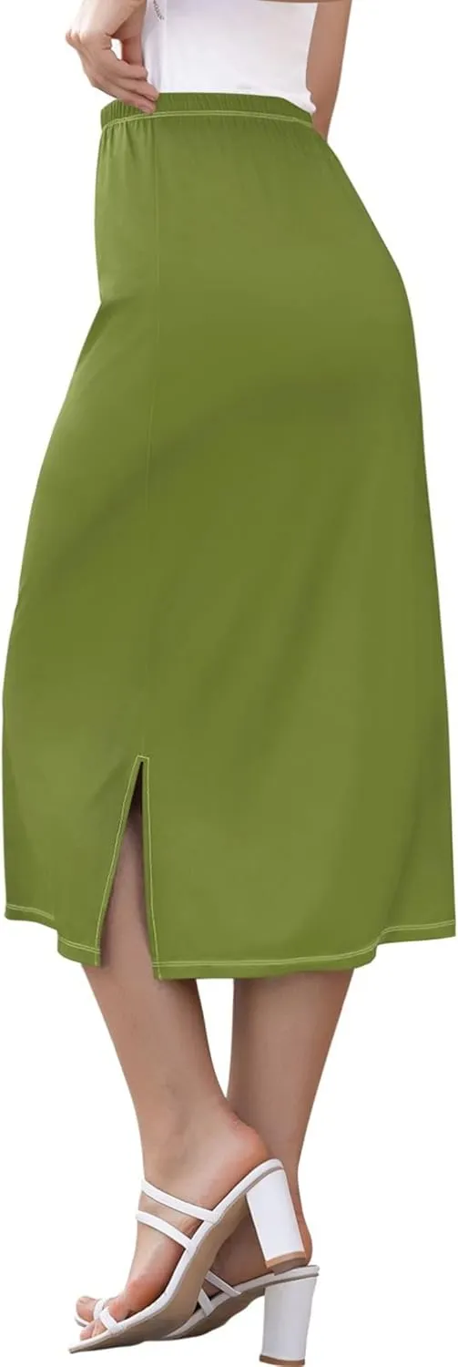 Dark Cyan Slit Skirt Midi Long Women Straight Pencil Skirts Elastic Waist Beach Skirt