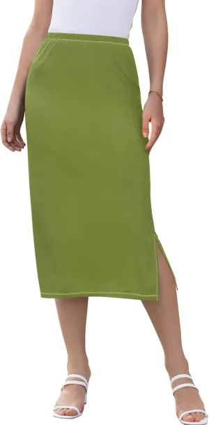 Dark Cyan Slit Skirt Midi Long Women Straight Pencil Skirts Elastic Waist Beach Skirt
