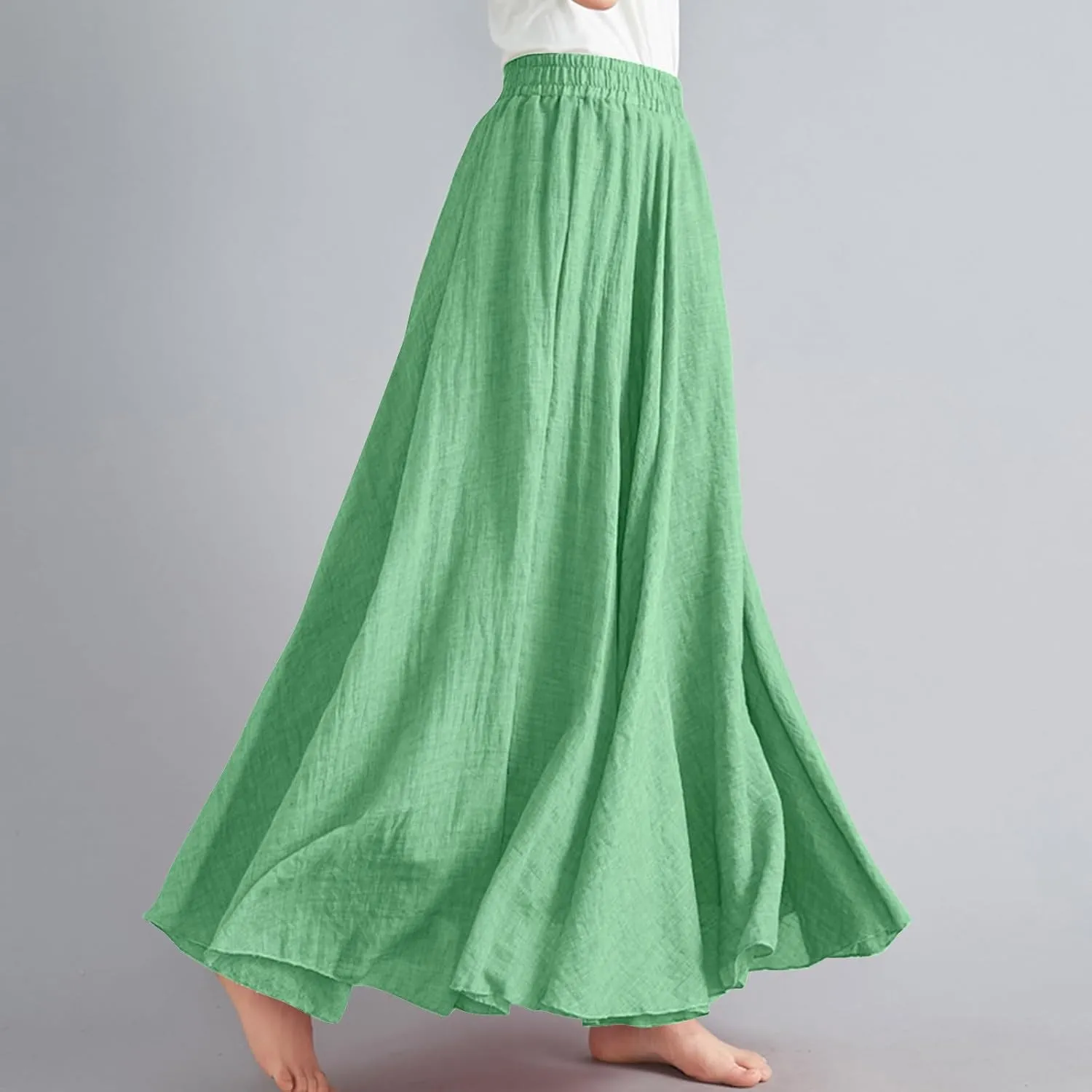 DDAPJ pyju Linen Skirts for Women Summer Bohemian Style Elastic Waist Long Maxi Skirt Loose Flowy Beach Skirt One-Size