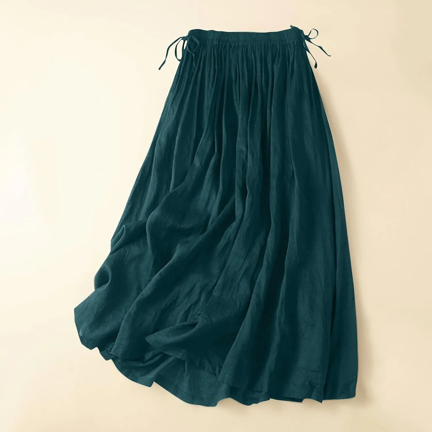DDAPJ pyju Womens Linen A-line Maxi Skirt Double Drawstring Elastic Waist Flowy Skirts Lightweight Casual Summer Beach Skirts