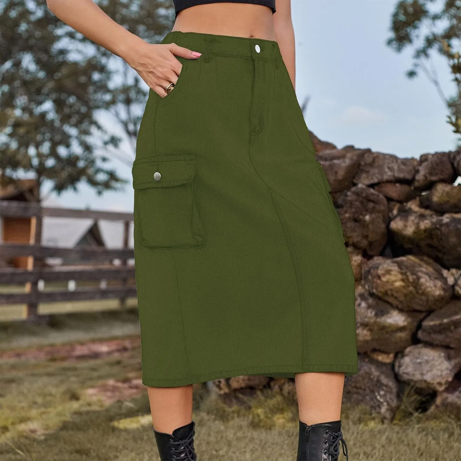 Denim Skirt for Women Below Knee Length High Waisted Jean Skirts Trendy Casual Cute Midi Cargo Skirt Y2K Streetwear