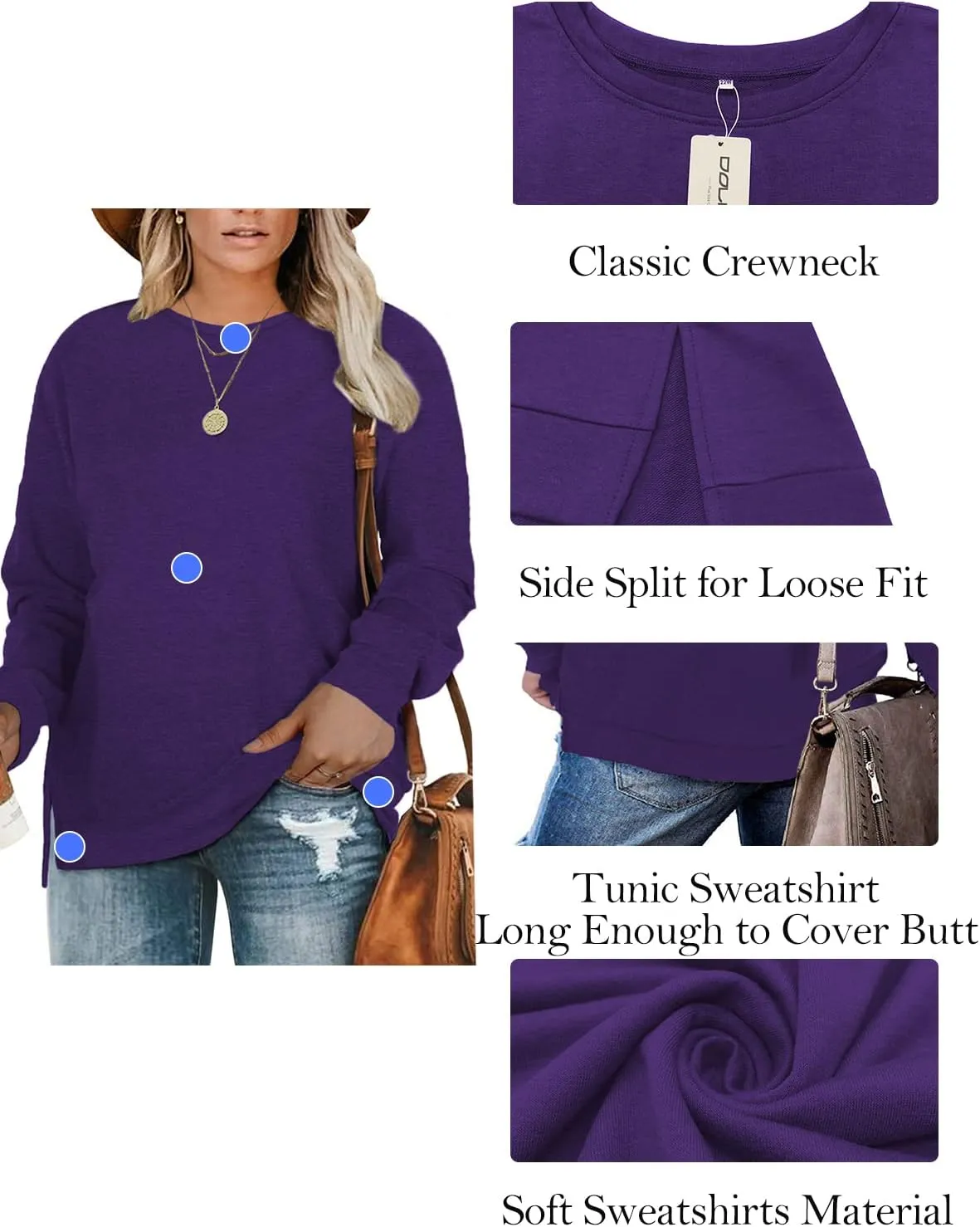 DOLNINE Plus-Size Sweatshirts for Women Casual Tops Side Slit Pullovers Shirts