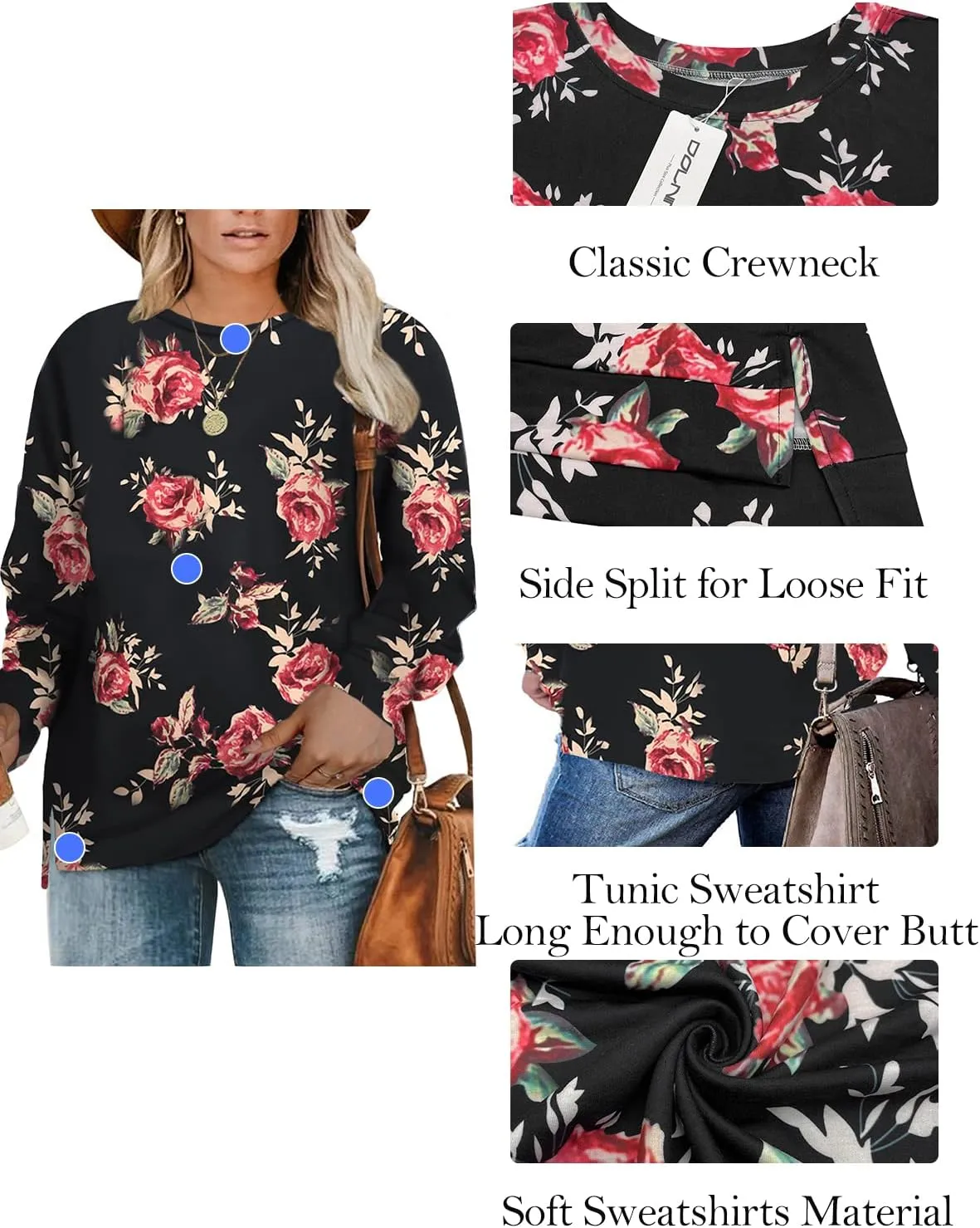 DOLNINE Plus-Size Sweatshirts for Women Casual Tops Side Slit Pullovers Shirts