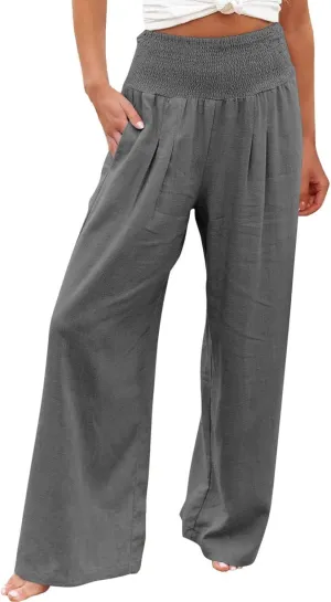 Elastic Waist Linen Pants for Women High Rise Yoga Pants Summer Casual Flowy Pants Loose Fit Lounge Pants with Pocket