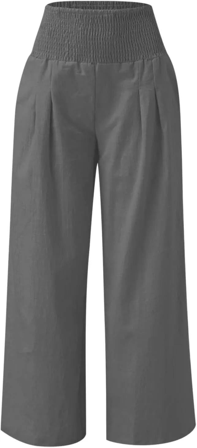 Elastic Waist Linen Pants for Women High Rise Yoga Pants Summer Casual Flowy Pants Loose Fit Lounge Pants with Pocket