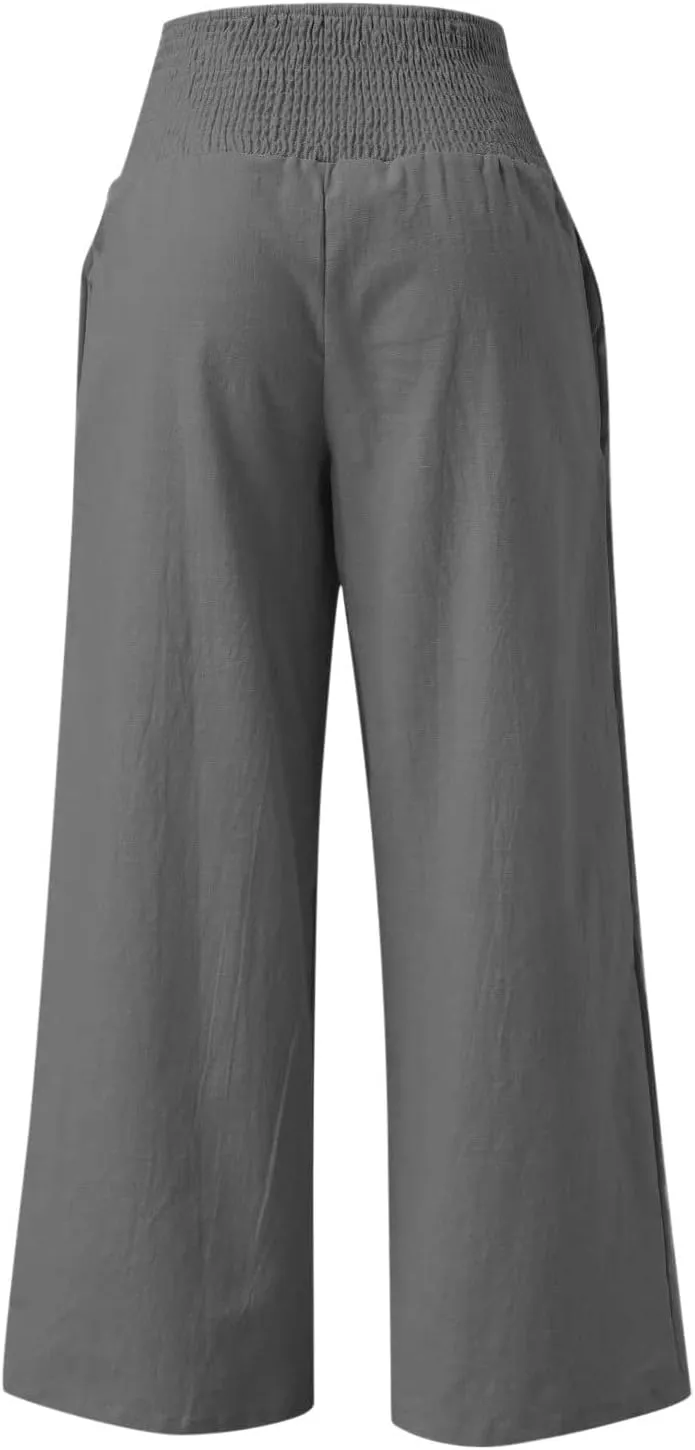 Elastic Waist Linen Pants for Women High Rise Yoga Pants Summer Casual Flowy Pants Loose Fit Lounge Pants with Pocket