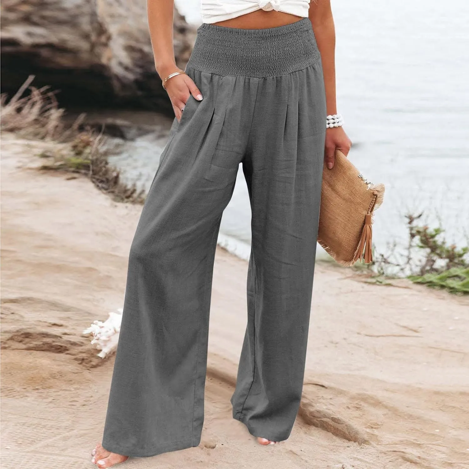 Elastic Waist Linen Pants for Women High Rise Yoga Pants Summer Casual Flowy Pants Loose Fit Lounge Pants with Pocket