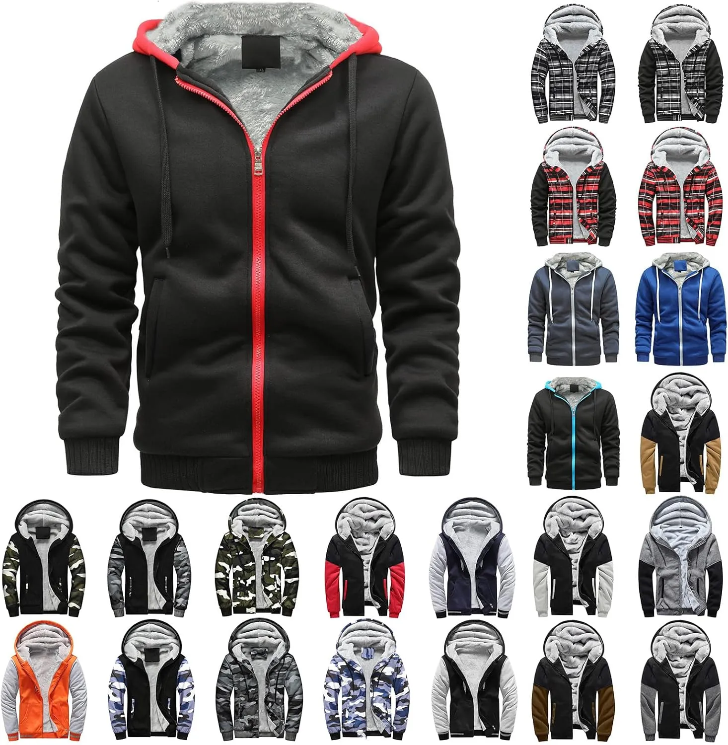 evzosrz Men's Pullover Winter Hooed Jackets Fleece Hoodies Zipper Sweatshirts Full Zip Wool Warm Thick Fashion Jacket Coats