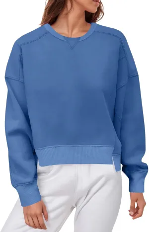 Fall Crew Neck Sweatshirts Women Solid Pullover Cropped Sweatshirt Long Sleeve Winter Side Split Sweaters Trendy 2024