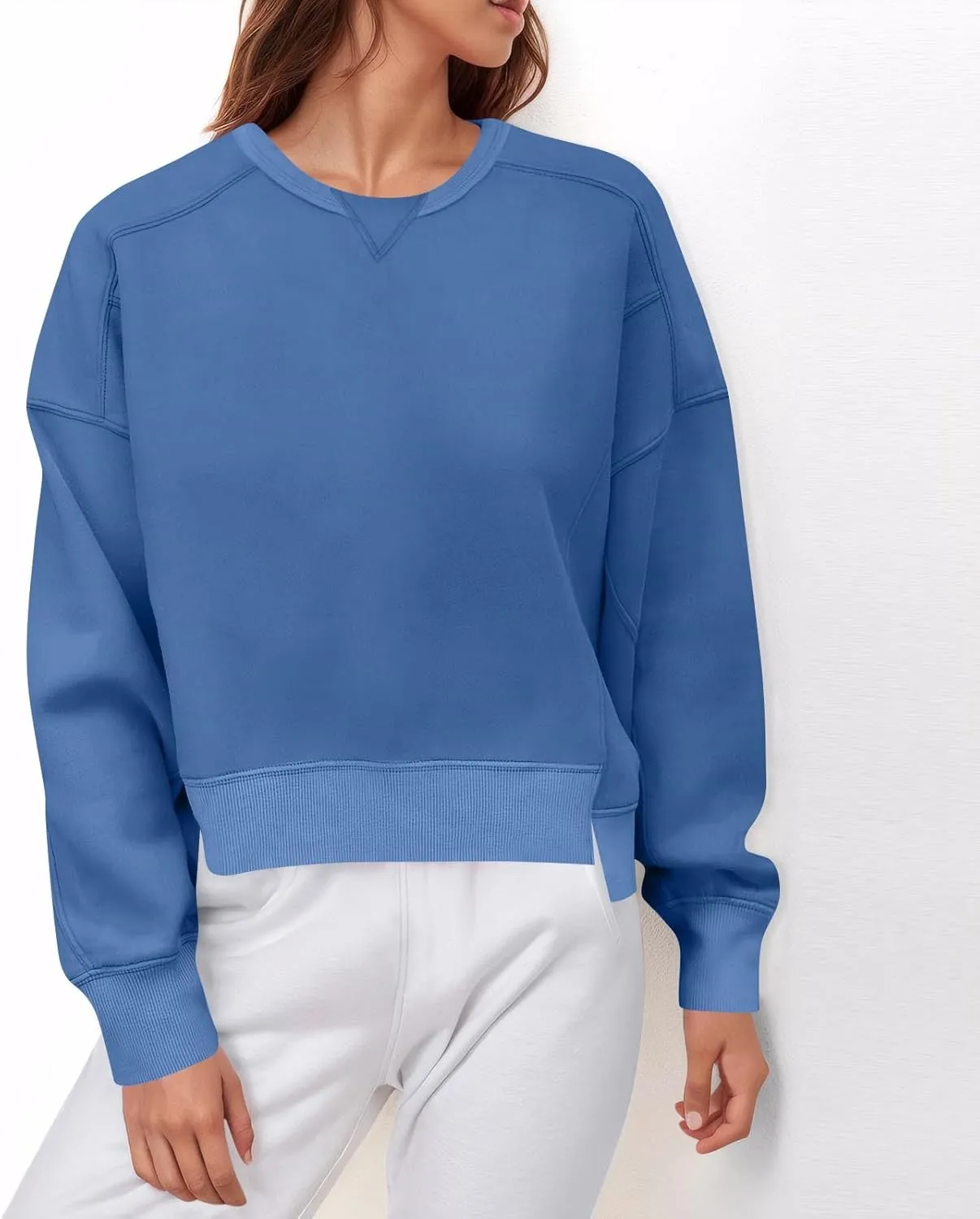 Fall Crew Neck Sweatshirts Women Solid Pullover Cropped Sweatshirt Long Sleeve Winter Side Split Sweaters Trendy 2024