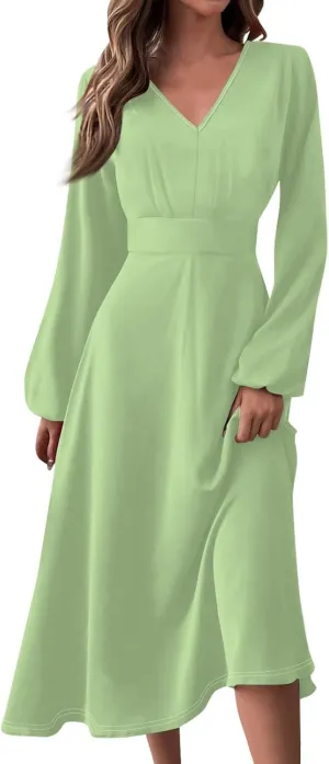 Fall Dresses for Wedding Guest Women Long Sleeve Wrap V Neck Ruffle Belted A-Line Flowy Midi Dresses