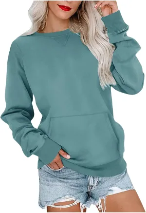 Fall Sweatshirts for Women 2023 Solid Color Long Sleeve Crewneck Pullover Casual Tops with Pocket Loose Comfy Shirts