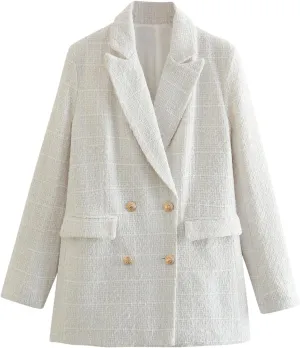 Fall Tweed Blazer Jacket Women Notched Lapel Double Breasted Suit Jakcets Casual Button Business Work Vintage Coats