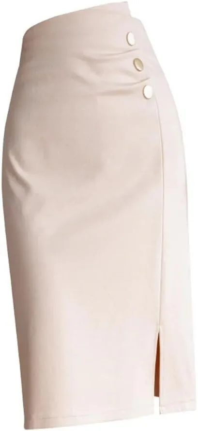 Fashion Irregular Wrap Hip Pencil Skirts Office Ladies Buttons Solid High Waist Front Split Midi Skirt