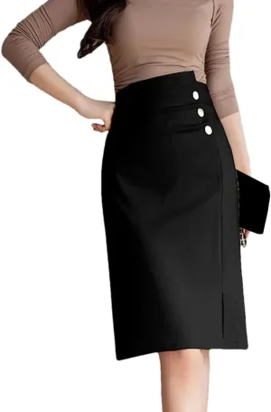 Fashion Irregular Wrap Hip Pencil Skirts Office Ladies Buttons Solid High Waist Front Split Midi Skirt