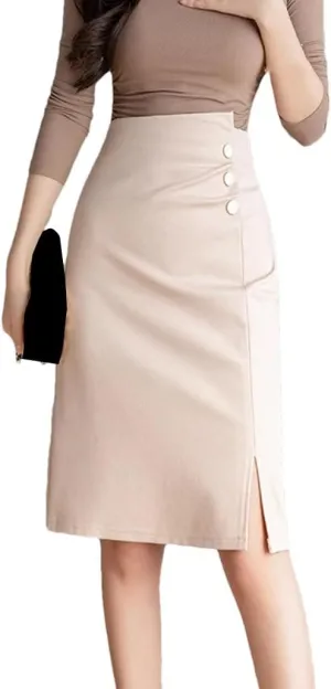Fashion Irregular Wrap Hip Pencil Skirts Office Ladies Buttons Solid High Waist Front Split Midi Skirt