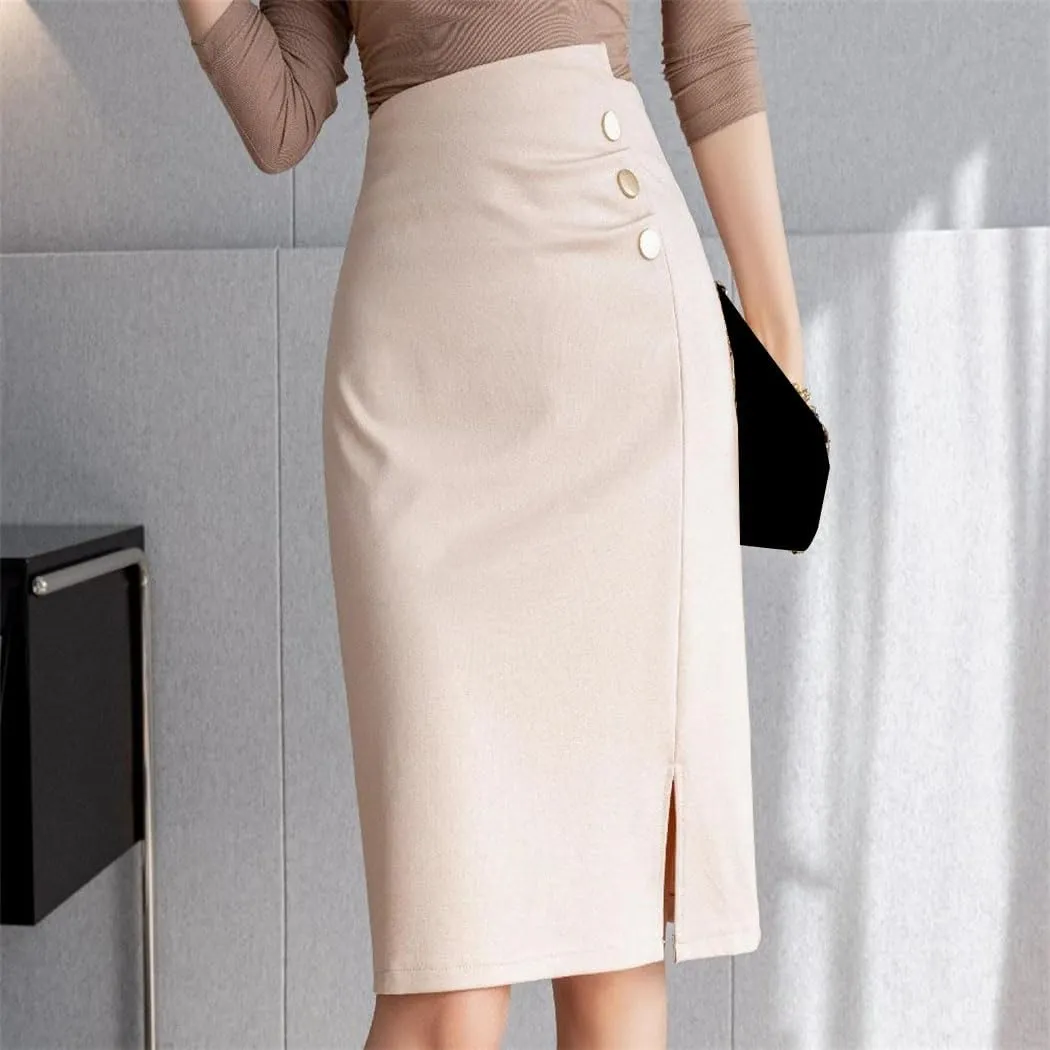 Fashion Irregular Wrap Hip Pencil Skirts Office Ladies Buttons Solid High Waist Front Split Midi Skirt
