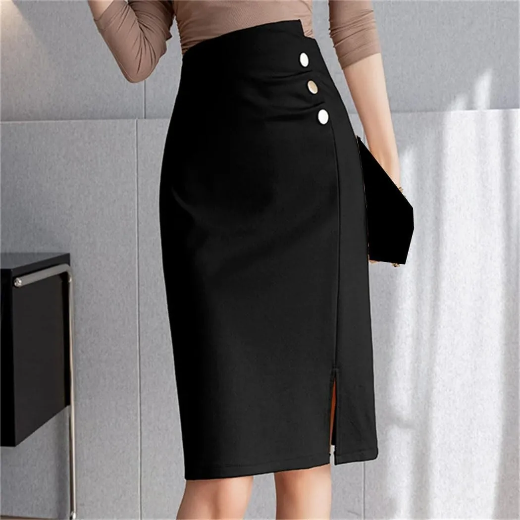 Fashion Irregular Wrap Hip Pencil Skirts Office Ladies Buttons Solid High Waist Front Split Midi Skirt