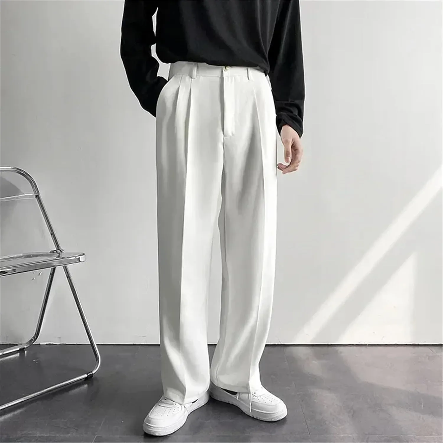 Fashion Men's Straight Loose Casual Trousers Trend Suit Pants White Black Khaki Wide Leg Long Pants Plus Size