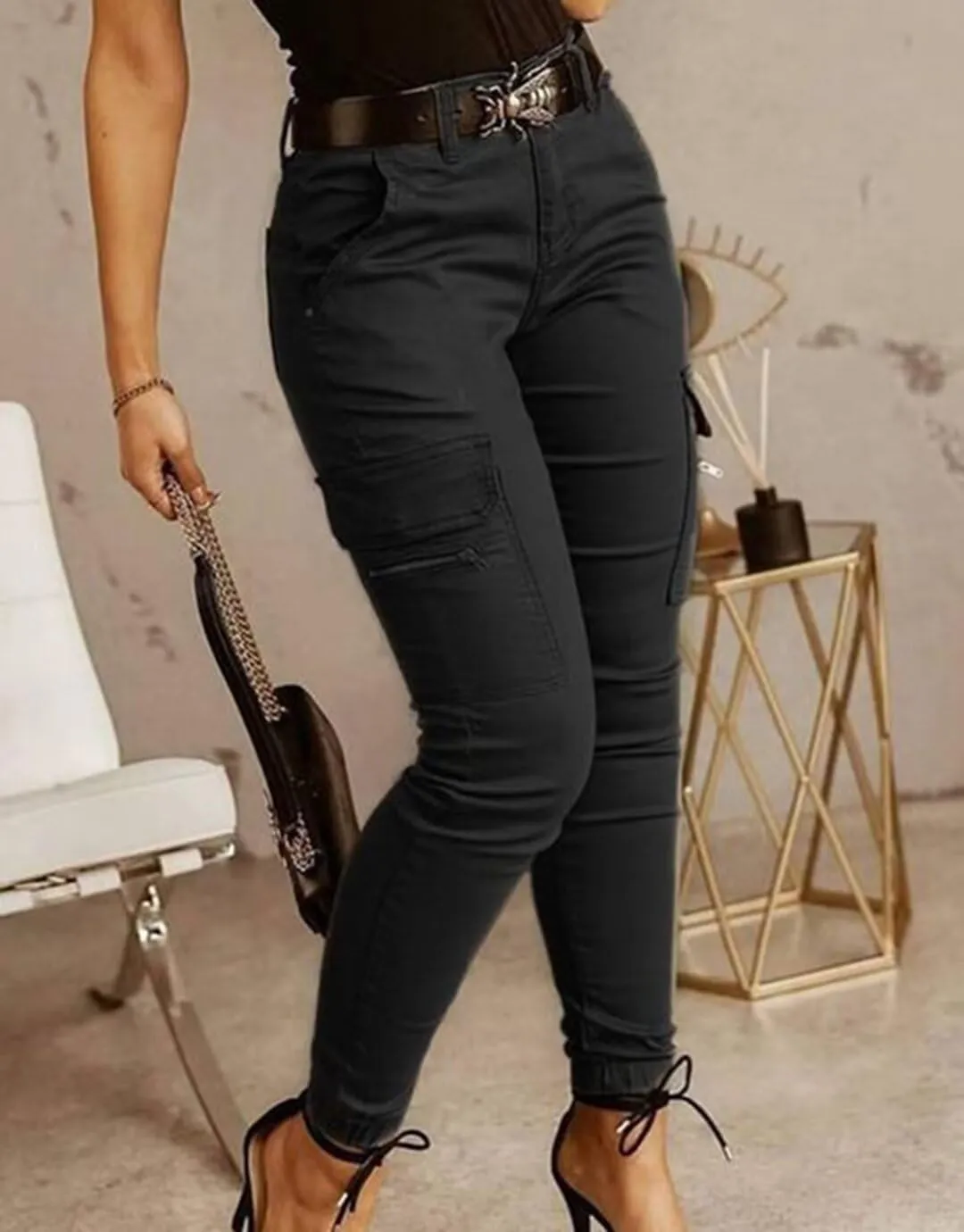 Flamingals Women's Mid Waist Skinny Jogger Flap Pocket Motorcycle Western Cargo Pants Slim Fit Jeans