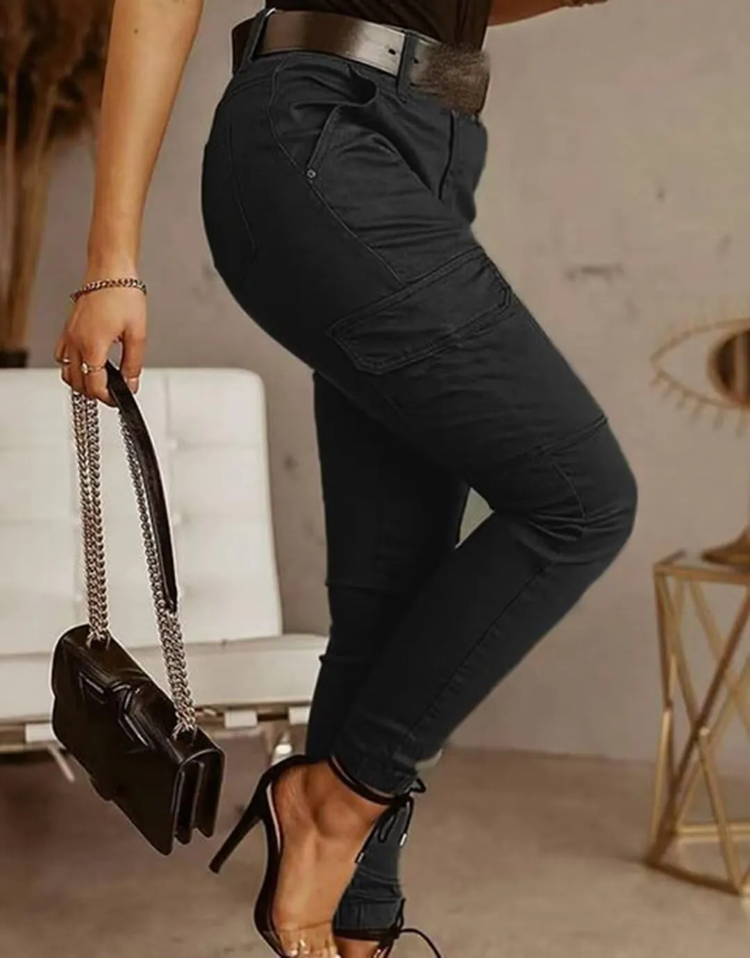 Flamingals Women's Mid Waist Skinny Jogger Flap Pocket Motorcycle Western Cargo Pants Slim Fit Jeans