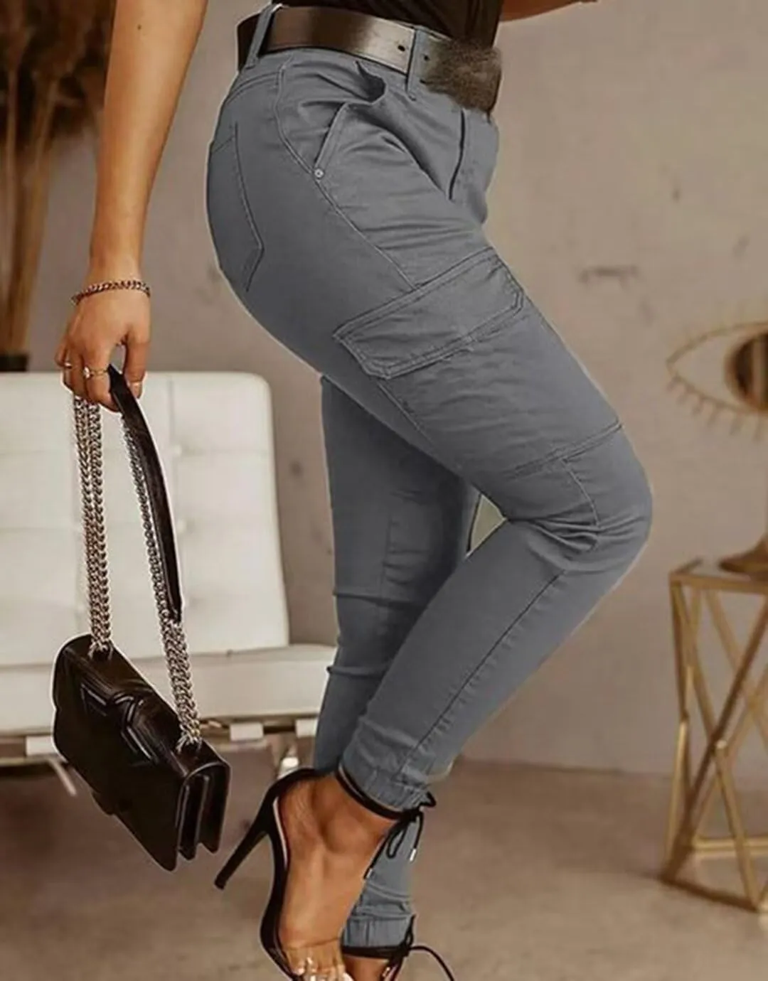 Flamingals Women's Mid Waist Skinny Jogger Flap Pocket Motorcycle Western Cargo Pants Slim Fit Jeans