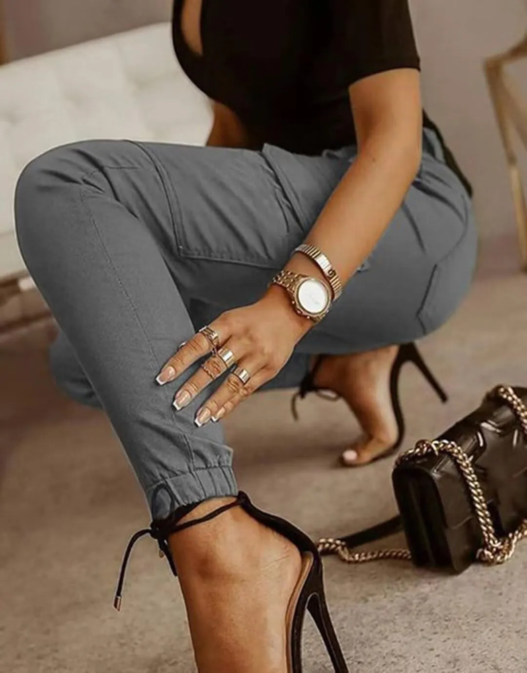 Flamingals Women's Mid Waist Skinny Jogger Flap Pocket Motorcycle Western Cargo Pants Slim Fit Jeans