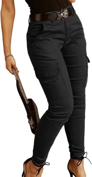 Flamingals Women's Mid Waist Skinny Jogger Flap Pocket Motorcycle Western Cargo Pants Slim Fit Jeans