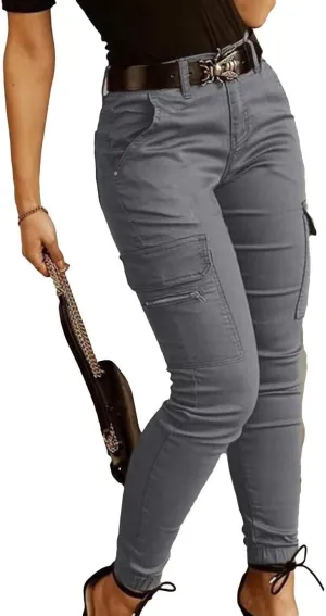 Flamingals Women's Mid Waist Skinny Jogger Flap Pocket Motorcycle Western Cargo Pants Slim Fit Jeans