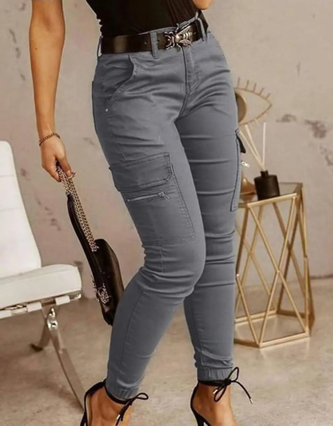 Flamingals Women's Mid Waist Skinny Jogger Flap Pocket Motorcycle Western Cargo Pants Slim Fit Jeans