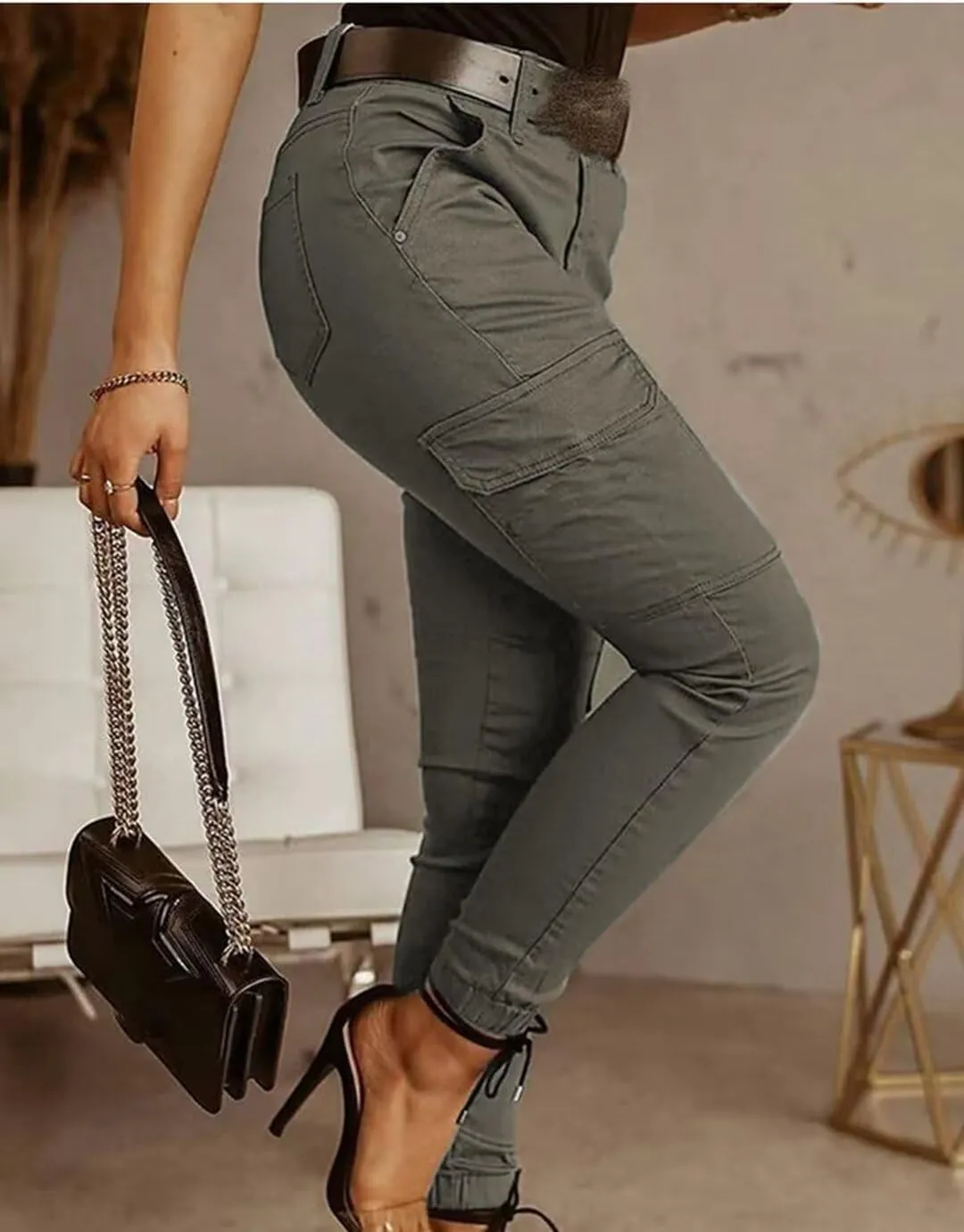 Flamingals Women's Mid Waist Skinny Jogger Flap Pocket Motorcycle Western Cargo Pants Slim Fit Jeans