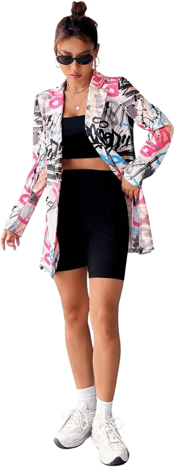 Floerns Women's Casual Long Sleeve Graphic Colorful Blazer Work Suit Jackets