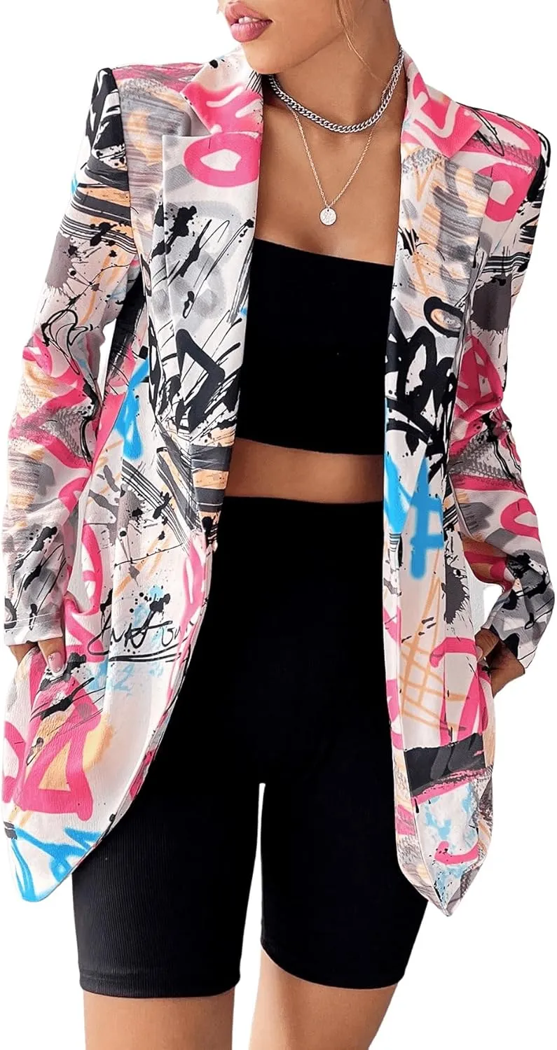 Floerns Women's Casual Long Sleeve Graphic Colorful Blazer Work Suit Jackets