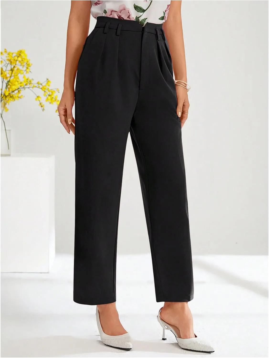 Floerns Women's Elegant Dress Pants Tapered High Waisted Straight Leg Suit Trousers