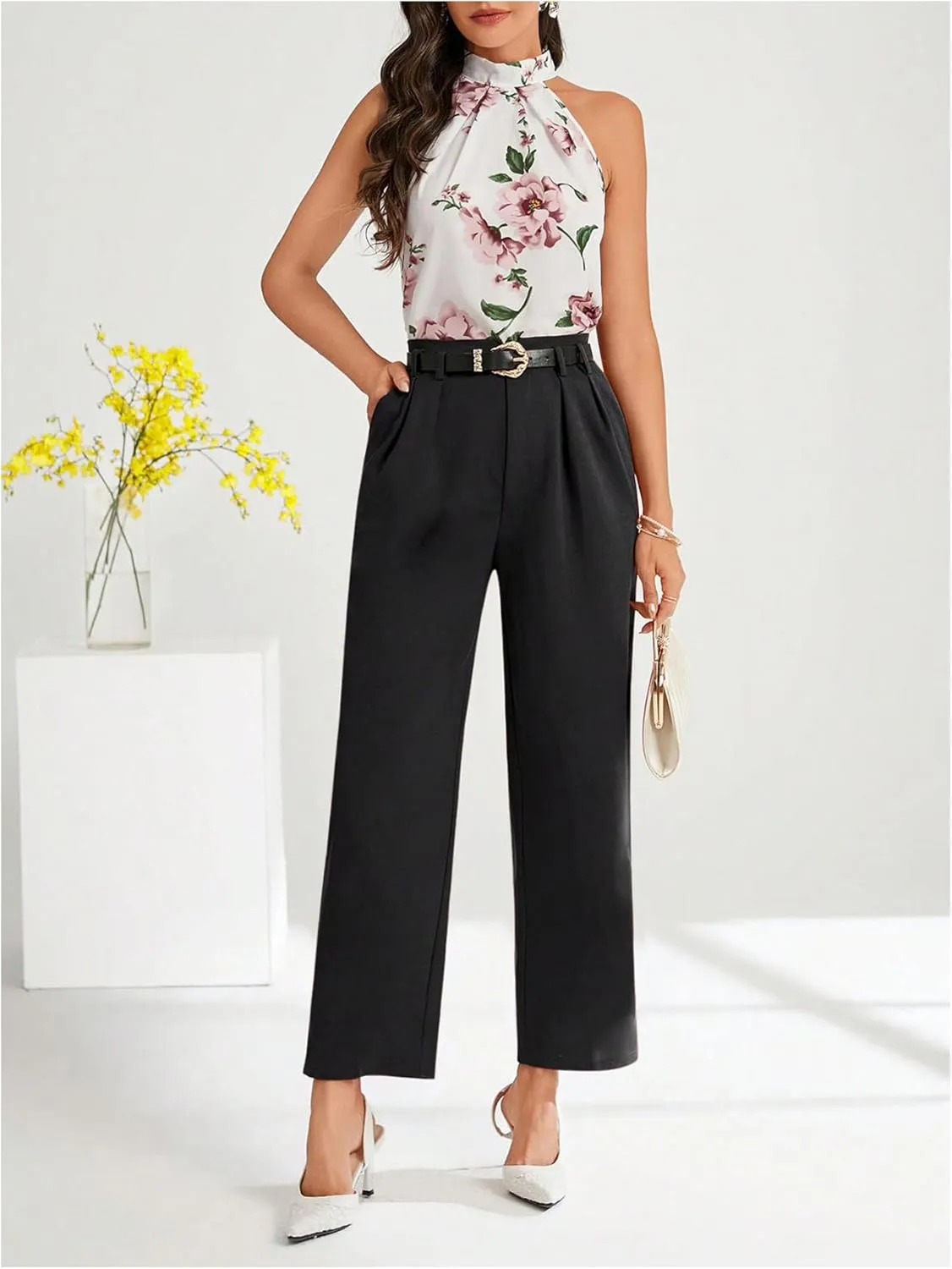 Floerns Women's Elegant Dress Pants Tapered High Waisted Straight Leg Suit Trousers
