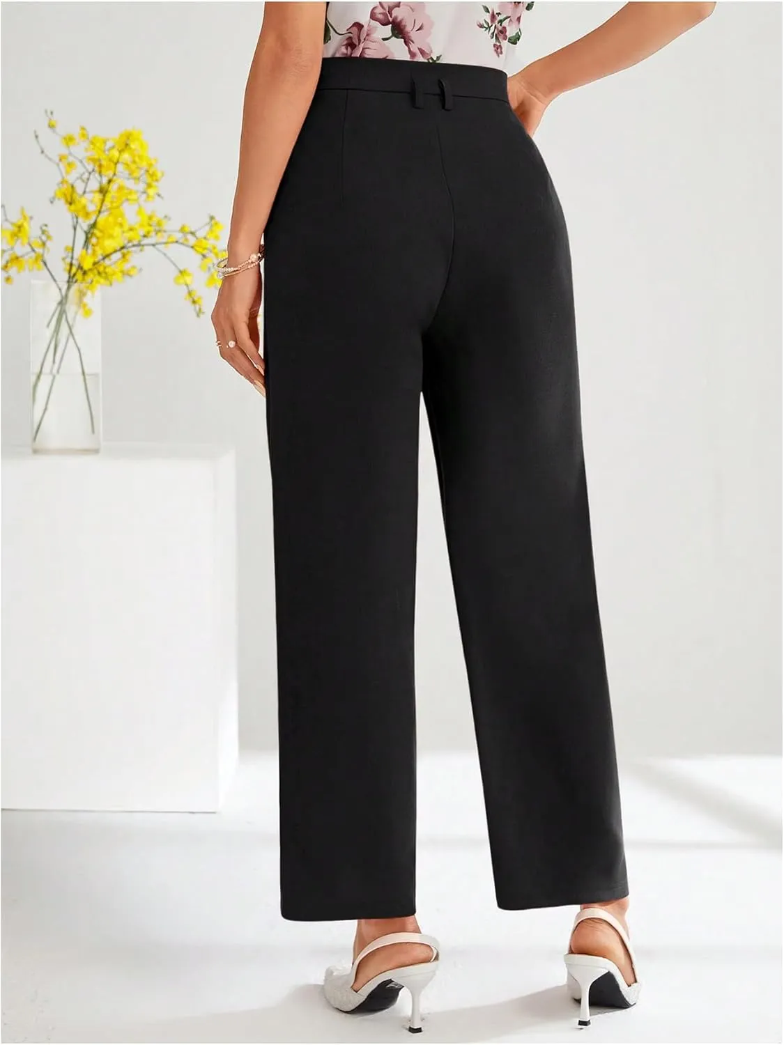 Floerns Women's Elegant Dress Pants Tapered High Waisted Straight Leg Suit Trousers