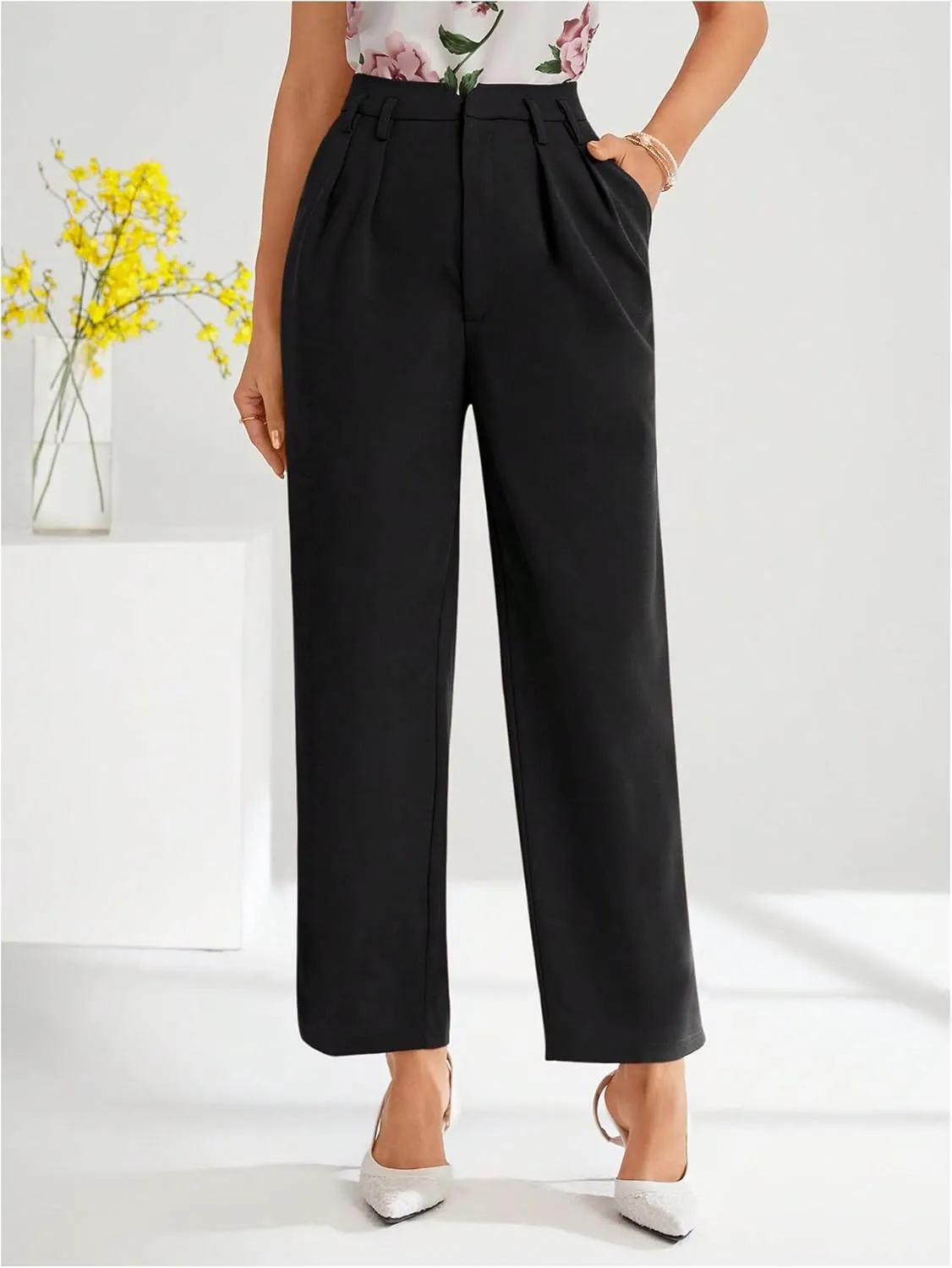 Floerns Women's Elegant Dress Pants Tapered High Waisted Straight Leg Suit Trousers