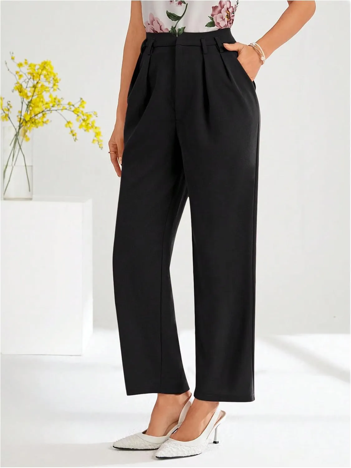 Floerns Women's Elegant Dress Pants Tapered High Waisted Straight Leg Suit Trousers