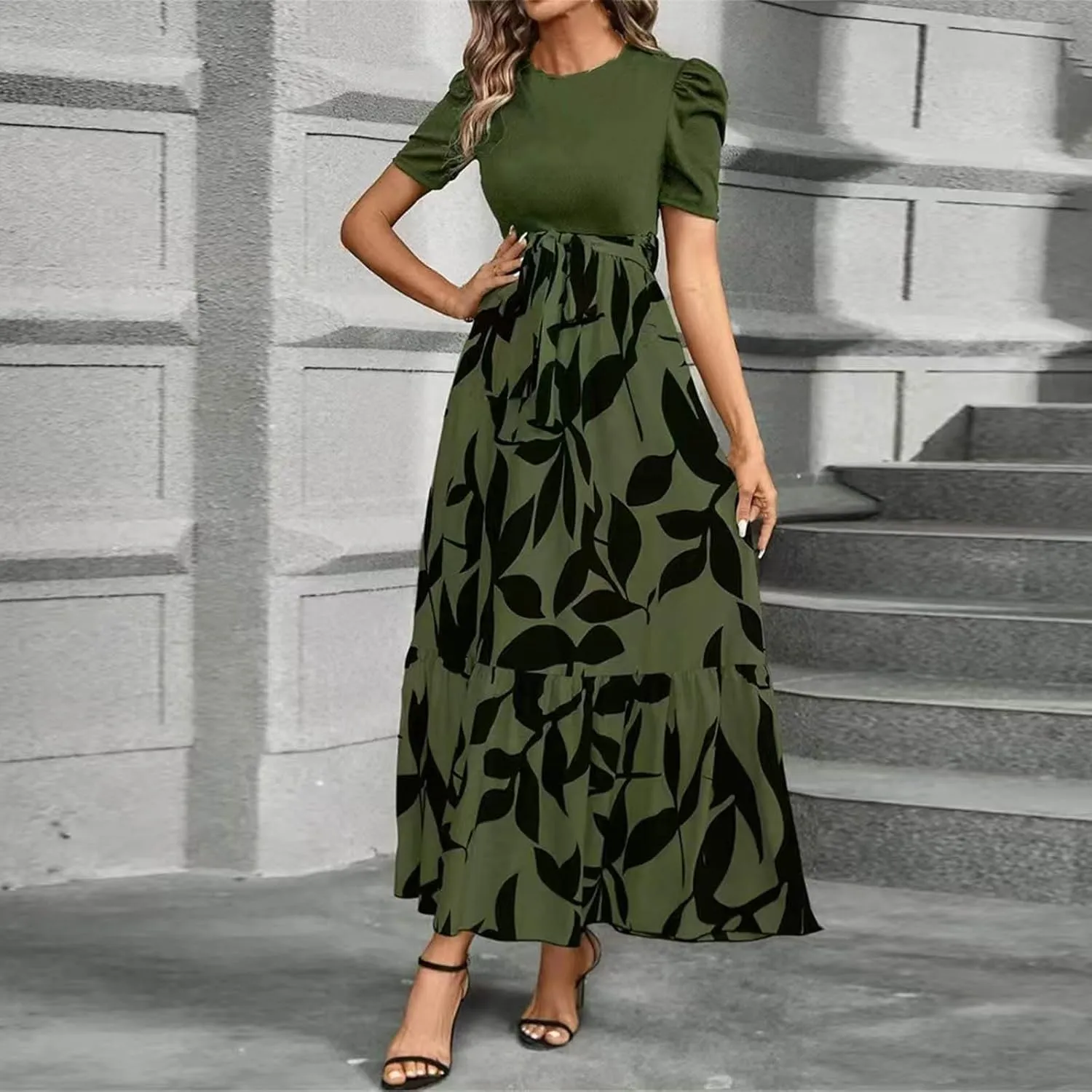 Floral Maxi Dresses for Women Elegant Patchwork Short Sleeve Tie Waist Wrap Dress Boho Summer Casual Teacher Dresses